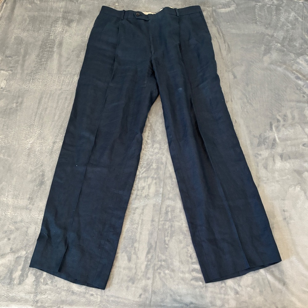 Alfani Linen Trousers Mens 36x32 Navy Blue Pleated Dress Pants36x32